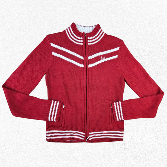 90s Y2K Red Striped Retro Full Zip Mock Neck Bubblegum Sweater Size Medium - Picture 1 of 6